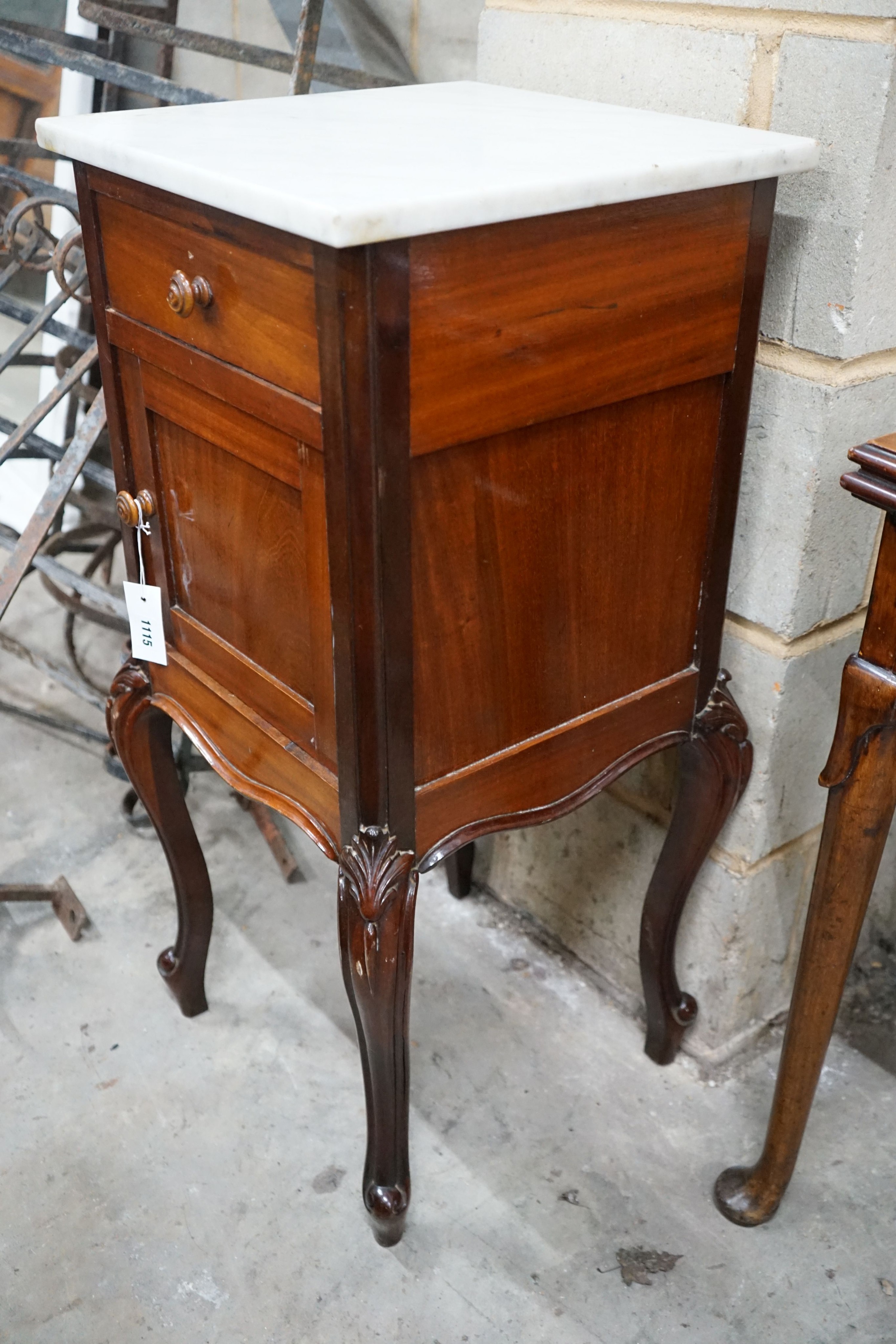 A 19th century French mahogany marble top bedside cabinet, width 39cm, depth 40cm, height 87cm